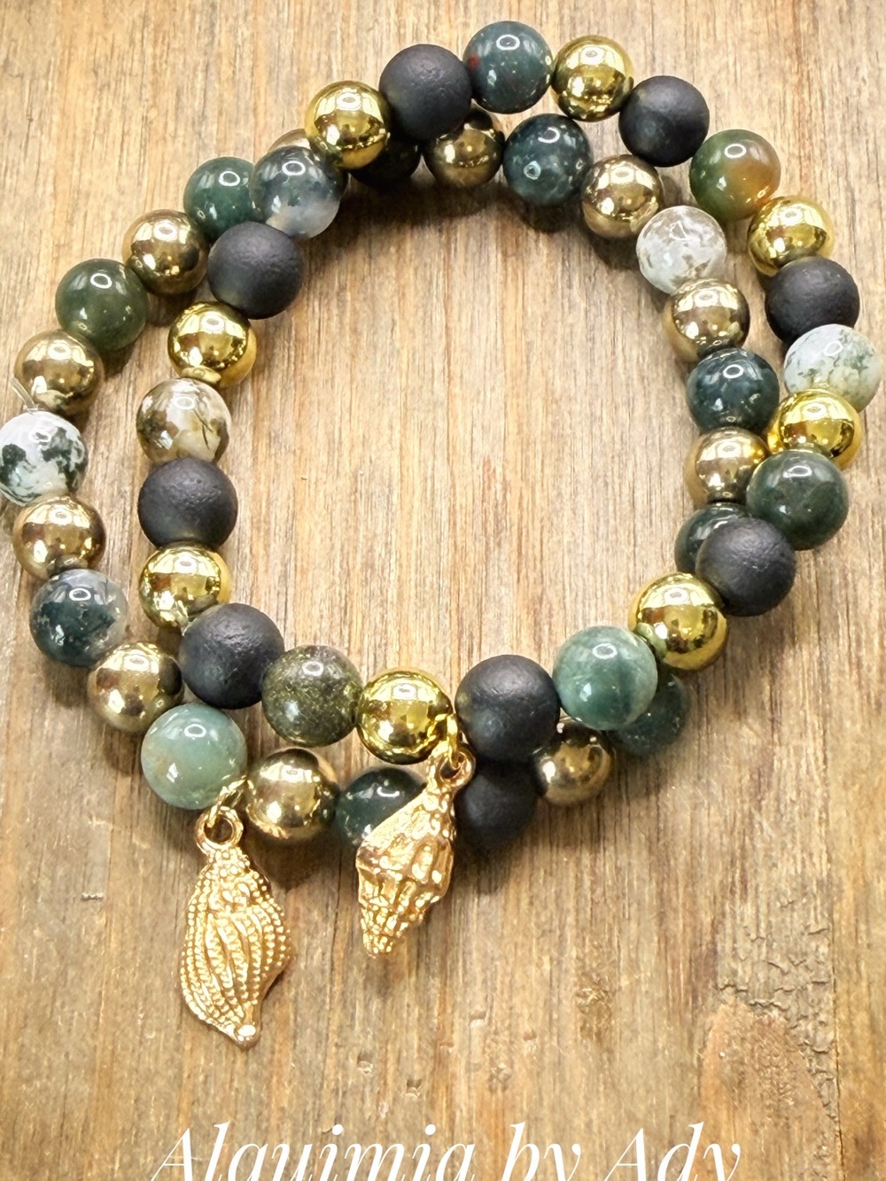 OLIVE GREEN + BLOODSTONE + gold + Beaded Bracelet SHELLS SET DUO